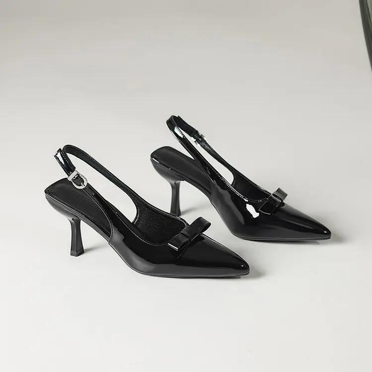 Comfort Shoes for Women High Heel Sandals Suit Female Beige 2025 Summer Shallow Mouth Low High-heeled Bow Black Girls  Elastic B