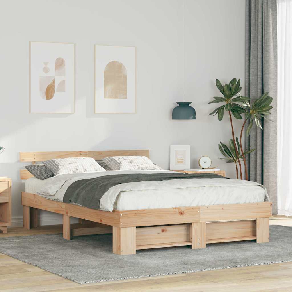 Brown Bed Frame with Headboard 160 x 200 cm Solid Pine Wood