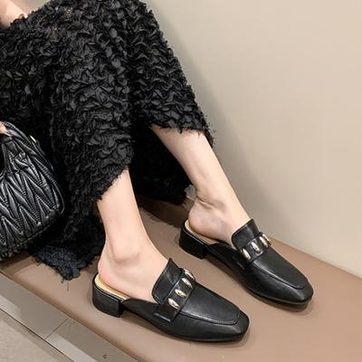 Fashion 2024 New Autumn Women's Fashion Metal Decorative Slip-on Thick Heel Slippers