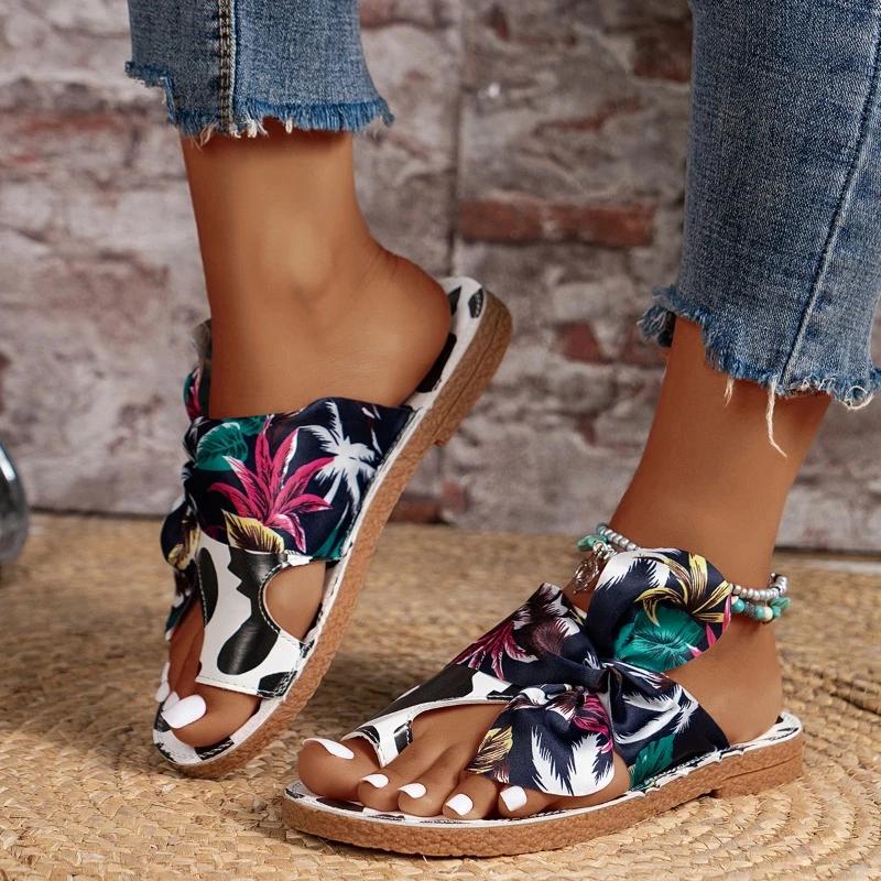 fashion Women's Slippers Fashion Bow Round Toe Set of Toes Flat Beach Shoes Comfortable Mixed Color Slip-on Outdoor Walking Shoes Mujer