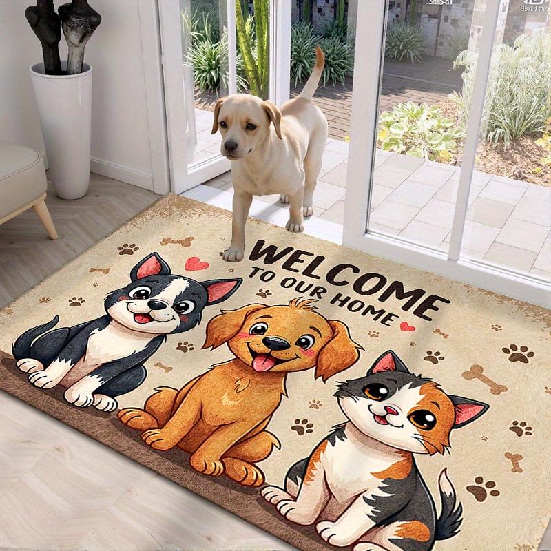 1pc Non-Slip Machine Washable Welcome Mat | Cute Cartoon Dog and Cat Design with Paw Prints and Hearts, Durable Polyester Indoor/Outdoor Entrance Mat