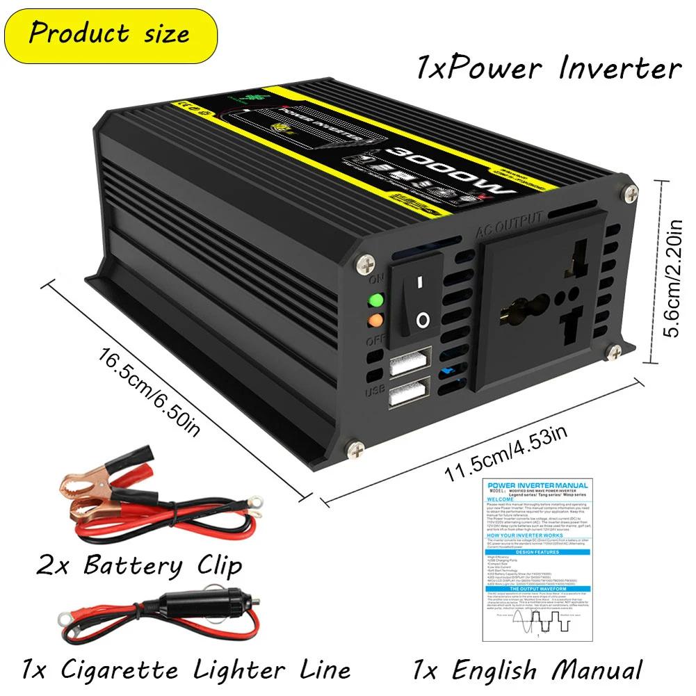 Intelligent Power Inverter Dual USB DC 12V To AC 110/220V Vehicle Smart Inverter 3000W Digital Power Inverter for RV Caravan Black 12V to 220V