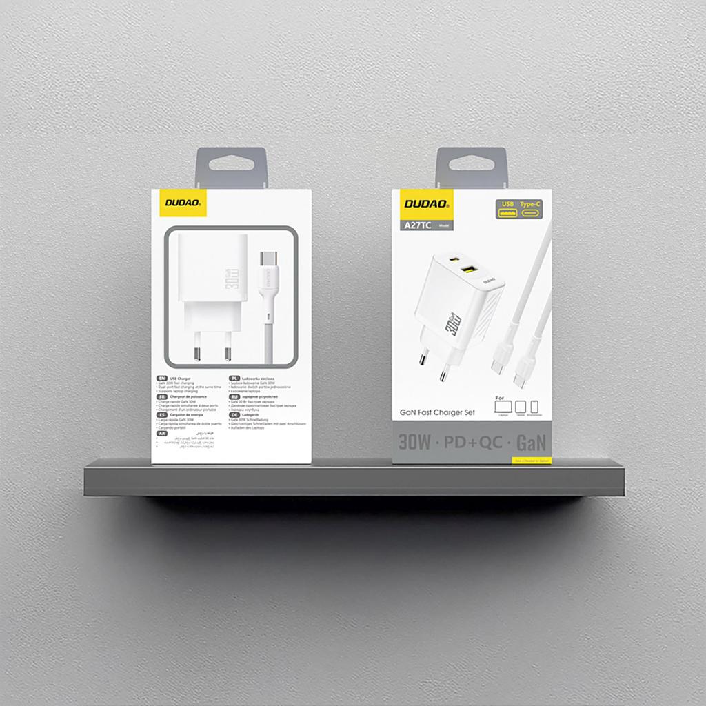 Ładowarka Sieciowa USB-A USB-C Z Kablem USB-C GaN PD 30W - Biała