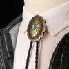 Western Country Style Turquoise Bolo Tie PU Woven Rope Brass Carved Flowers Necktie  Women