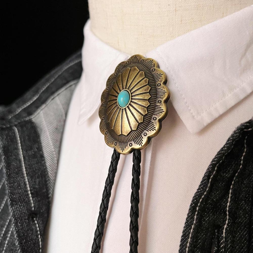 PU Woven Rope Turquoise Bolo Tie Ethnic Style Brass Carved Flowers Necktie Gift