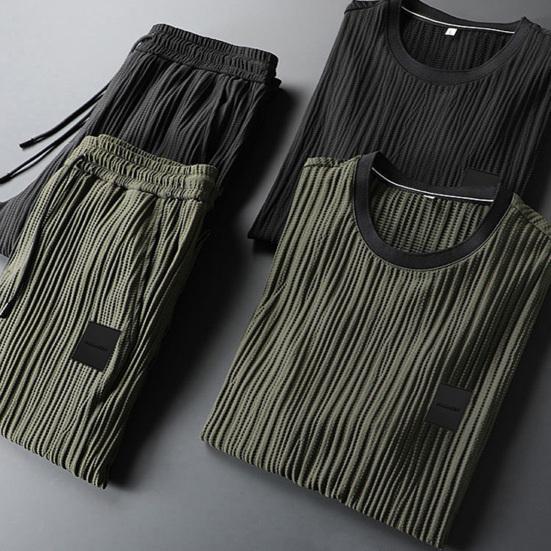 Summer Men Pleated Shirt Pants Two-pieces Set Thin Soft Breathable Tracksuit Casual Sports