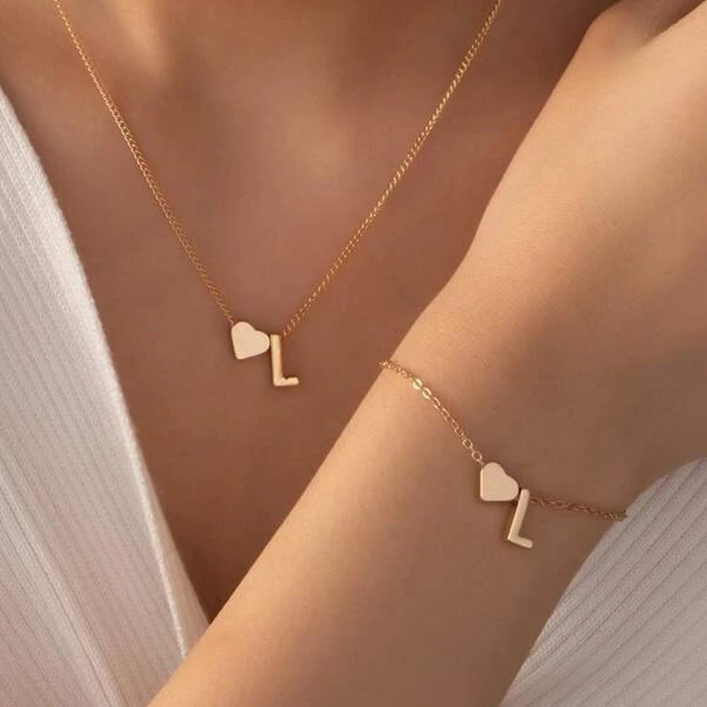 Retro Metal Heart 'M' Necklace & Bracelet Set for Women - European & American Letter Jewelry