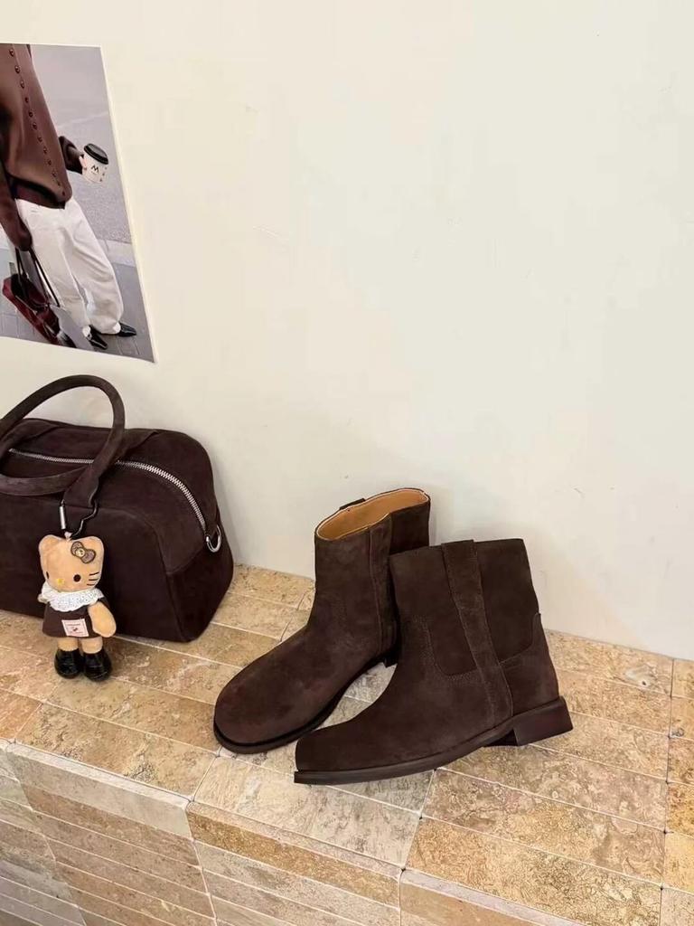 Sheepskin Version~ Retro Suede Face Round Head Thick Heel Sleeve Martin Boots Short Boots Women's Versatile Western Cowboy Boots