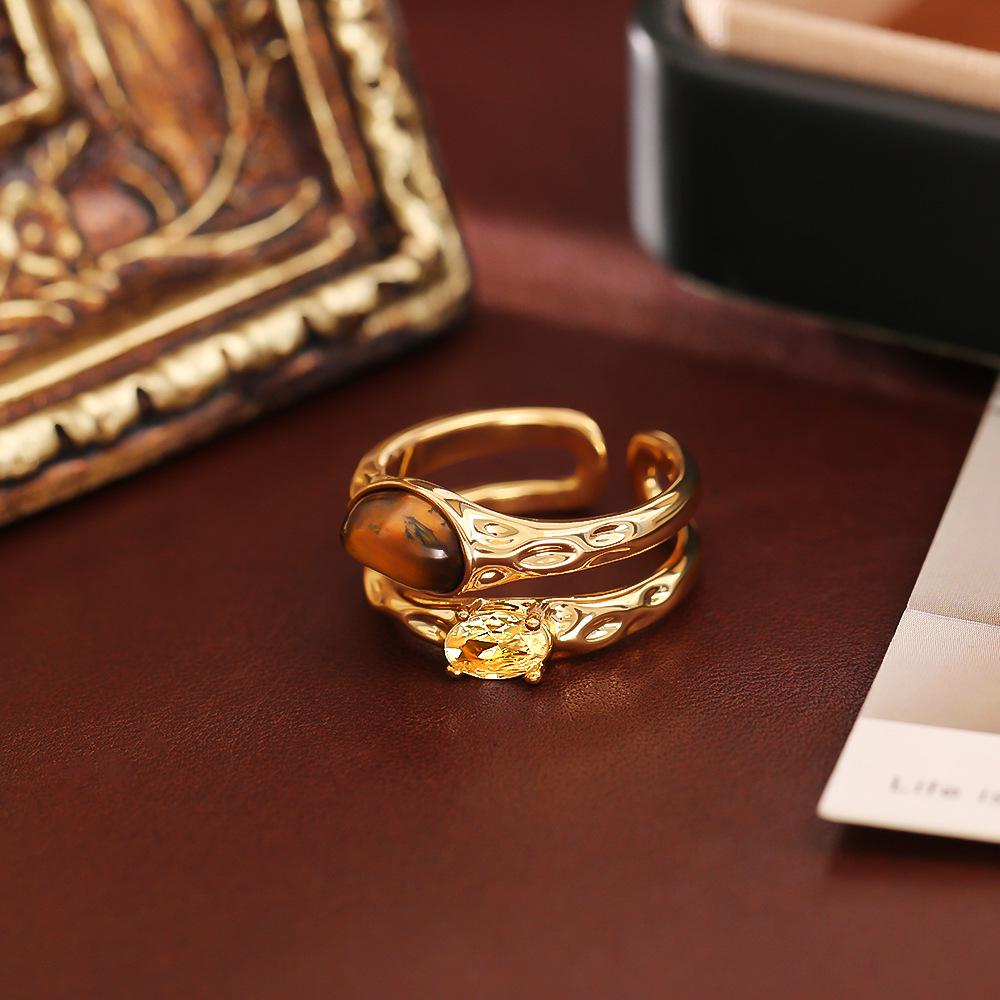 24K Gold-Plated Tiger Eye Adjustable Open Ring - Exquisite, High-End Fashion