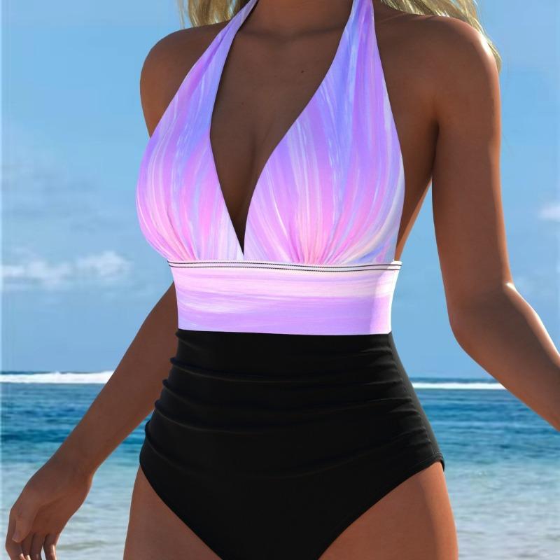 2026 Women's One-piece Swimsuit Neck Strap Halter Sling Design Beach Swimsuit