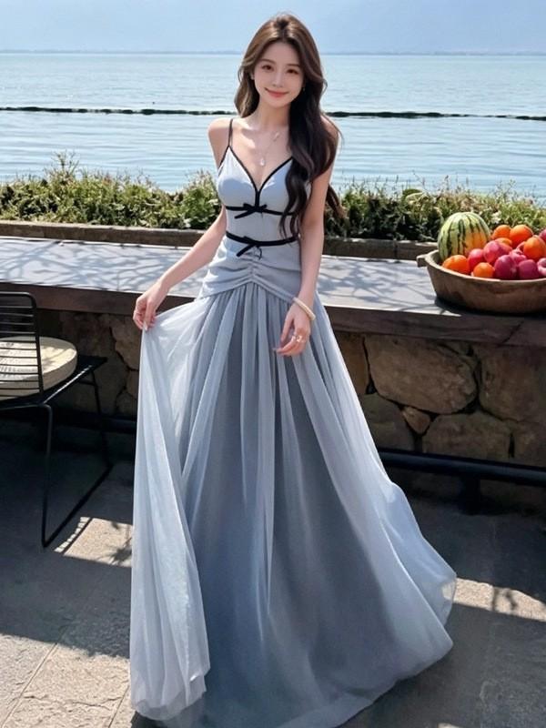 French blue v-neck mesh suspender dress women's summer seaside vacation temperament waist halter long skirt