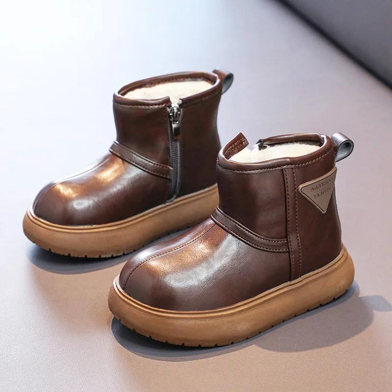 Kids Leather Snow Boots Girls' Fur Shoes Boy Child Ankle Zip Boot Winter Warm Children Big Toes Booties for 26-36
