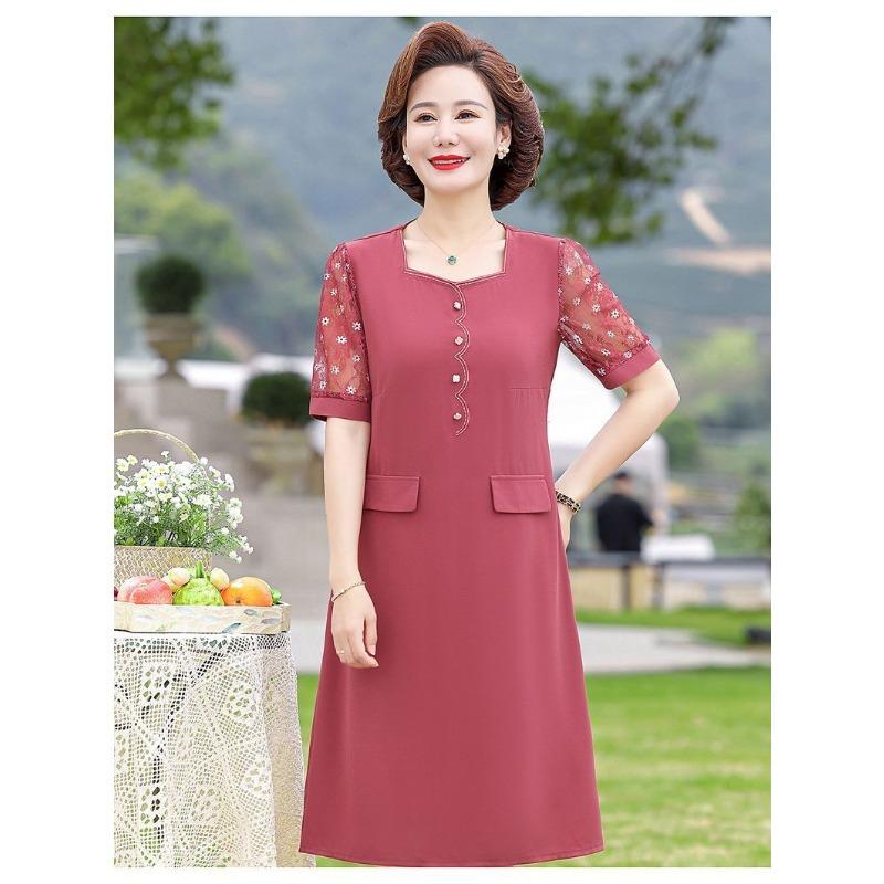 Women's Elegant Midi Dress Summer Casual Loose Solid Color Lace Patchwork Short Sleeve Dress For Middle-Aged