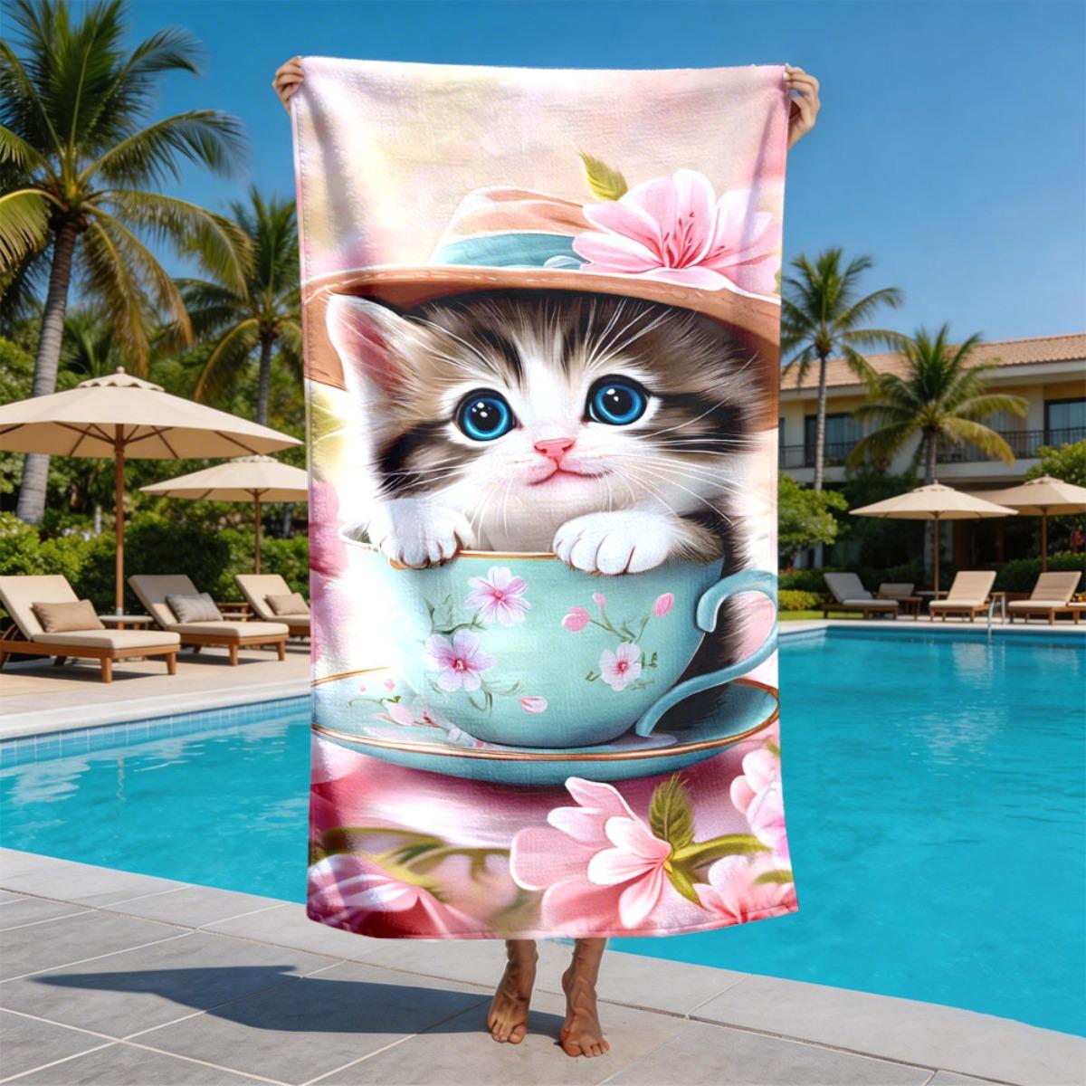 

little cat pattern in the teacup polyester microfiber beach towel is highly absorbent, suitable for swimming and beach outings W40*H60(CM)
