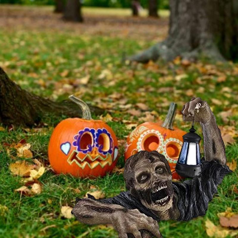 

Halloween Creative Horror Hideous Resin Zombie Statue With Battery Lantern Outdoor Garden Yard Ornaments Party Decorations