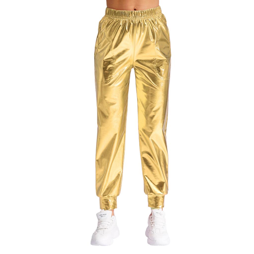 Damen Metallic Tanzhose Hoher Bund Elastischer Bund Lockerer Schnitt Sporthose Glänzender Schimmer Moderne Hose