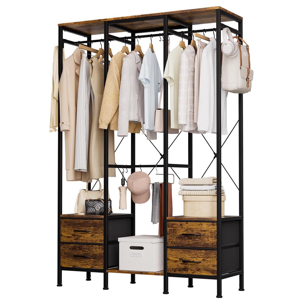 SINNONAKA Hanger Rack with Large Costume Storage Large Clothes Pipe Clothes Pants Total Load Capacity 180kg Waterproof Walnut x Drawers, Wardrobe,