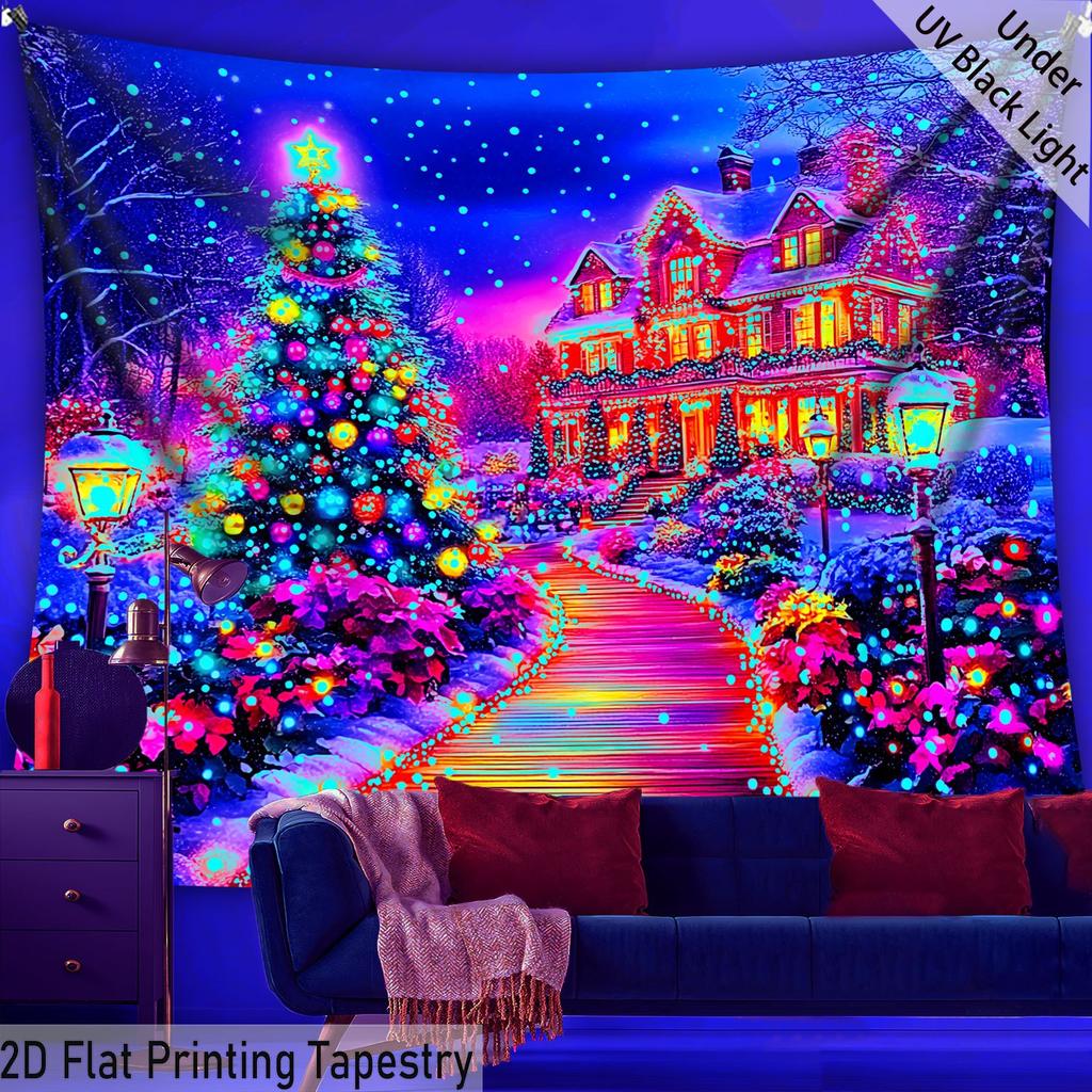 Christmas Fairy Tale Castle Street Fluorescent Tapestry Outer Space UV BlackLight Tapestry, Wall Hanging For Living Room Bedroom Office Home Decor