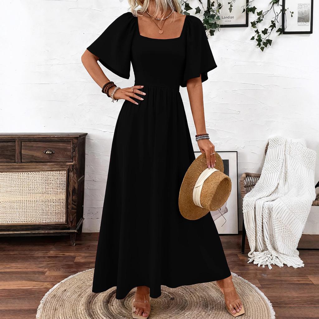 Women's Flutter Sleeve Maxi Dress Square Neck Mid Waist Elegant Solid A Line Dress Bohemian Beach Vacation Evening Gown