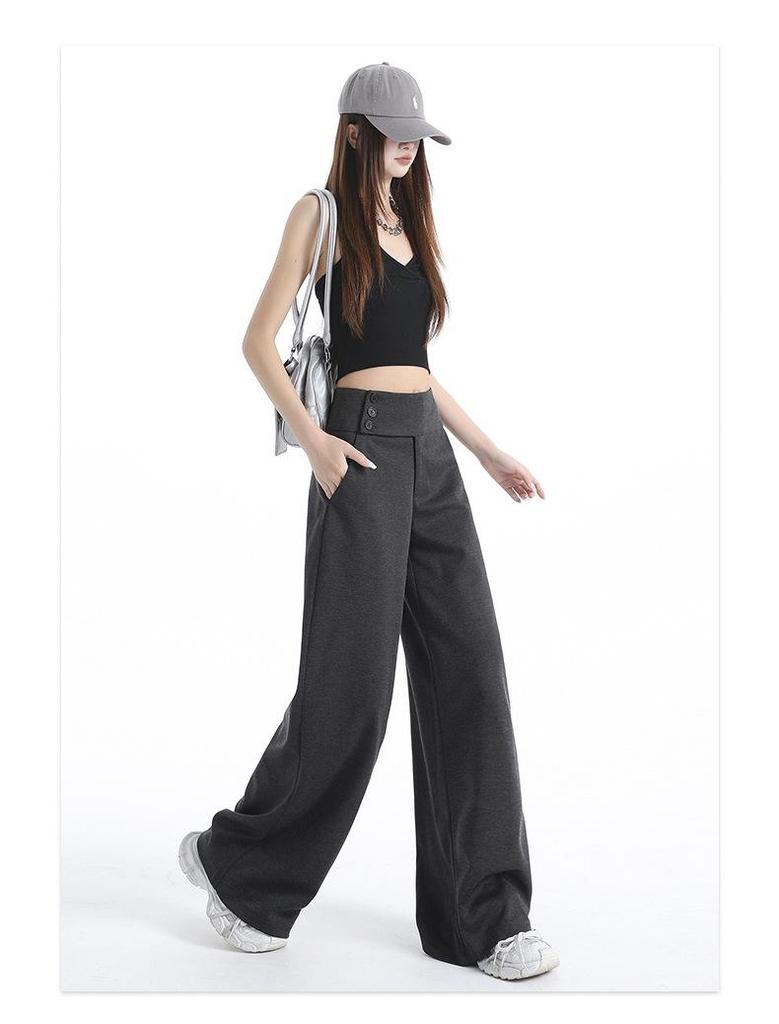 Women's Retro Grey Wide-Leg Suit Pants - Spring Casual, Versatile & Comfortable