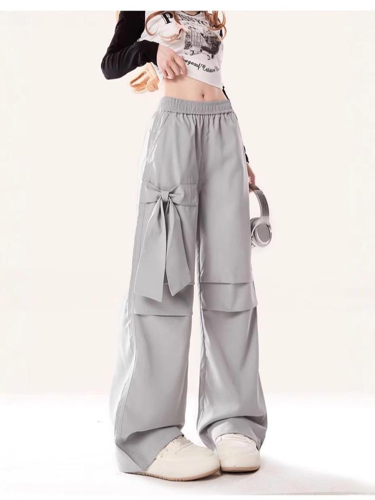 2024 Women's Gray Quick-Drying High-Waist Wide-Leg Cargo Pants