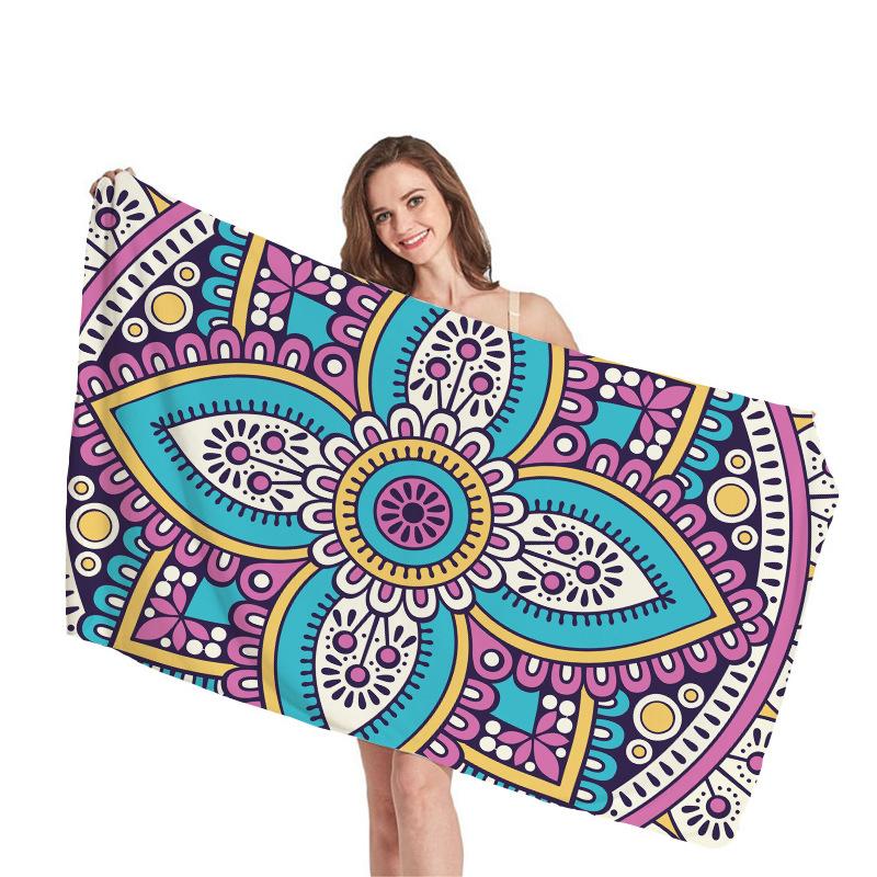 Ethnic Mandala Geometry Digital-printed Polyester Superfine Fiber Double-sided Fleece Beach Vacation Bath Towel, Beach Towel