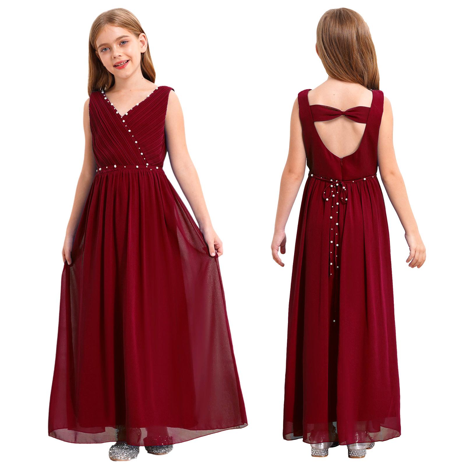 

Платье с цветочным узором для девочек, элегантное шифоновое праздничное платье с бисером, летнее платье с рюшами и v-образным вырезом без рукавов для свадьбы подружки невесты 13-14 Years бордовый