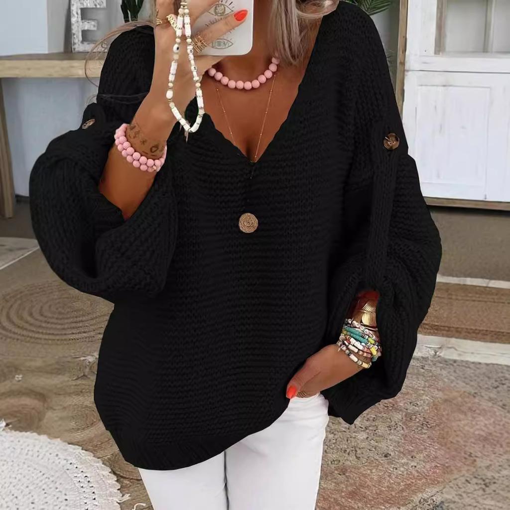 Women's V-Neck Knit Sweater with Button Cuffs in Pink, Blue, Gray, Black