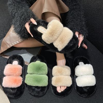 Internet Celebrities Thick-bottomed Parallel Bars Hairy Drag Women 2025 New Autumn Fashion Design Sense Home Wear Open-toed Plush Slippers