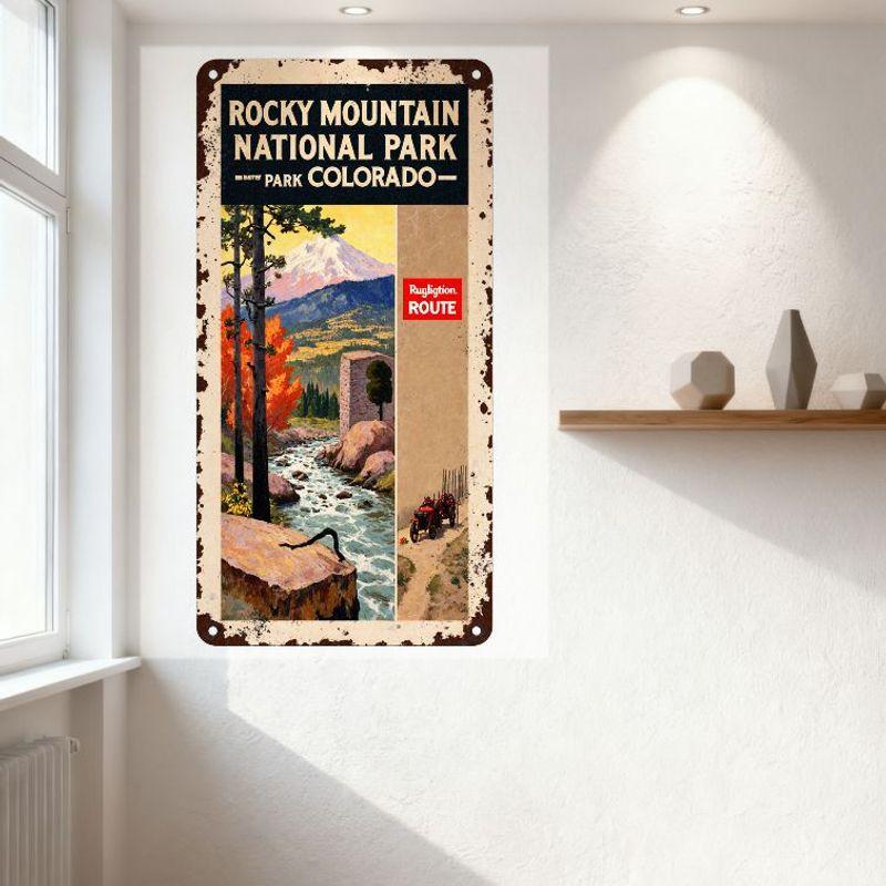 Vintage Rocky Mountain National Park Metal Sign Colorado Rustic Pine Trees River Stone Tower Horse Carriage Wall Plaque Home Bar