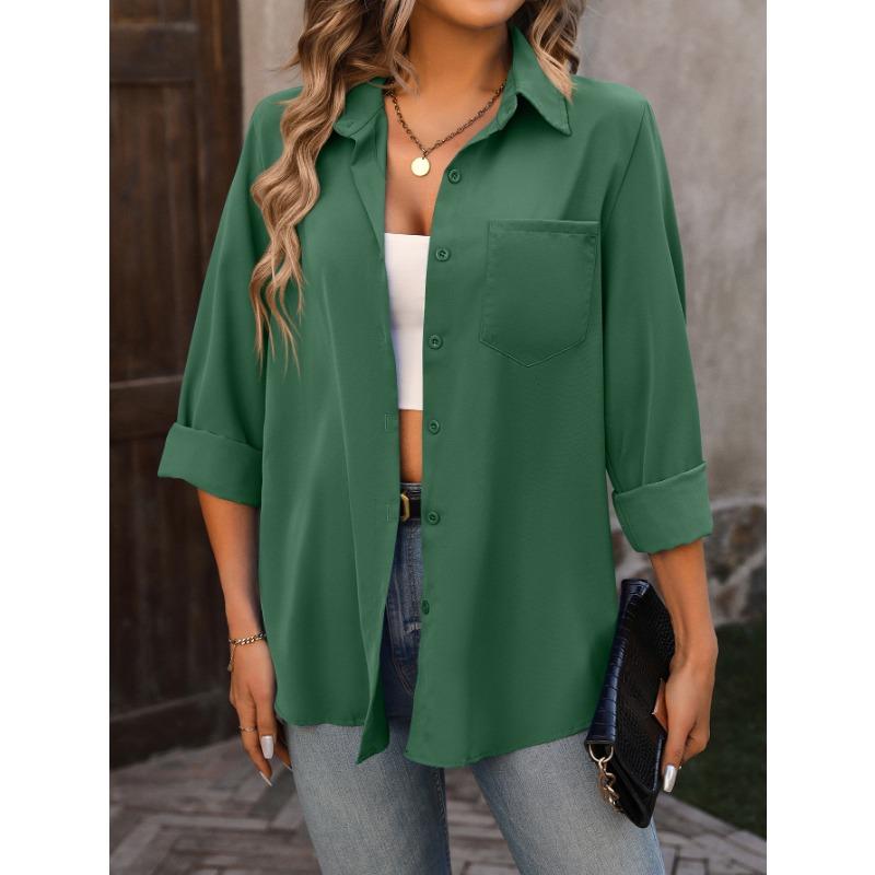 Women's Fashion Casual Spring Fall Solid Color Print Long Sleeve POLO Neck Blouses & Shirts