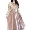 Autumn Light Pink Off-the-Shoulder Dress with Sweet Bow Tie, Lace Details, and Cinched Waist - Trendy and Cute Long Style for Women