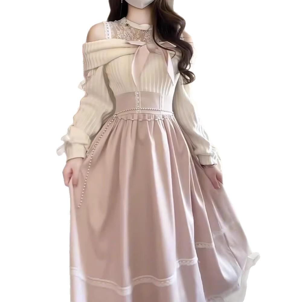 Autumn Light Pink Off-the-Shoulder Dress with Sweet Bow Tie, Lace Details, and Cinched Waist - Trendy and Cute Long Style for Women
