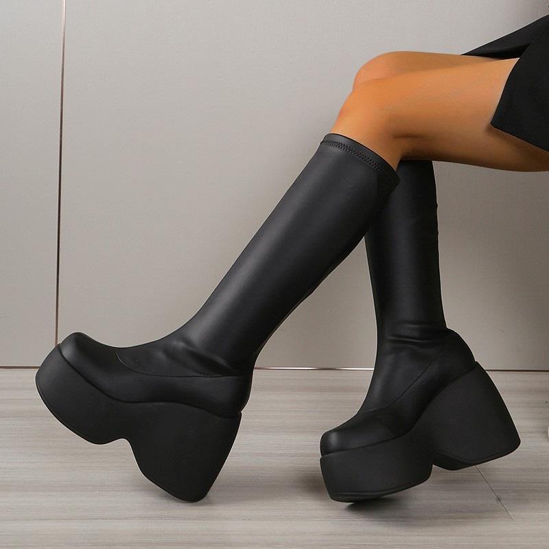 Stiefel Damenschuhe auf Plateau Kniehoch Lang Frau Keilabsätze Gothic Stripper Klobige Absätze Sexy Strumpfhose Winter Reißverschluss