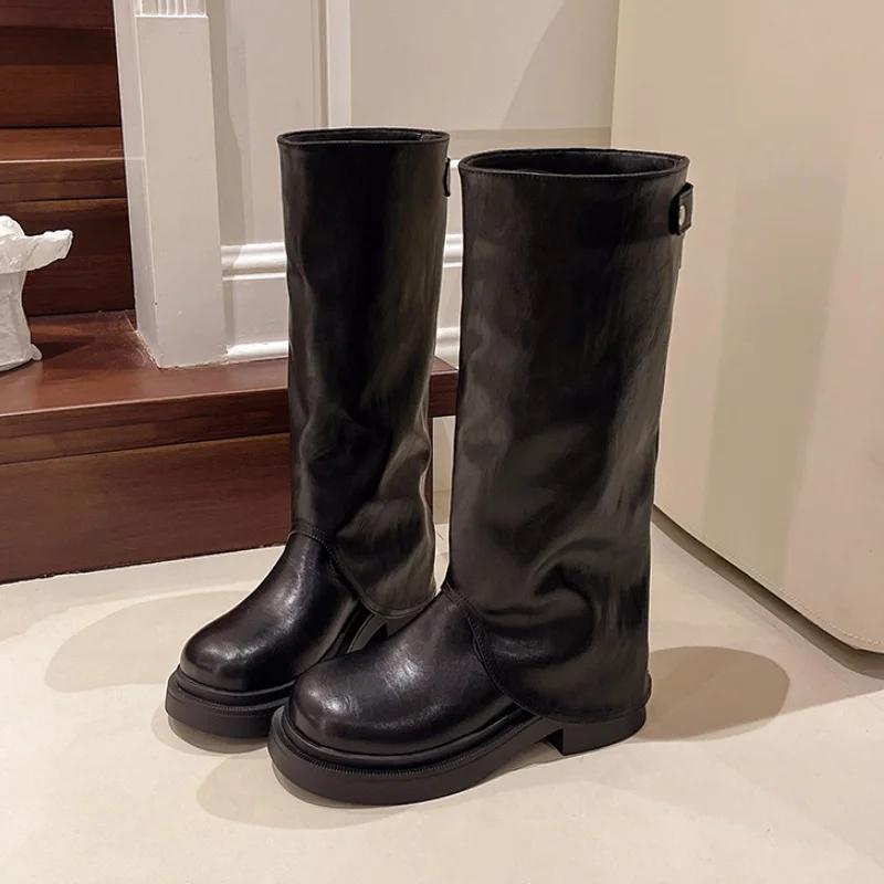 Fashion Winter Platform New Women Motorcycle High Boots 2025 Punk Shoes Knee High Designer Snow Boots Trend Flats Woman Chelsea Botas