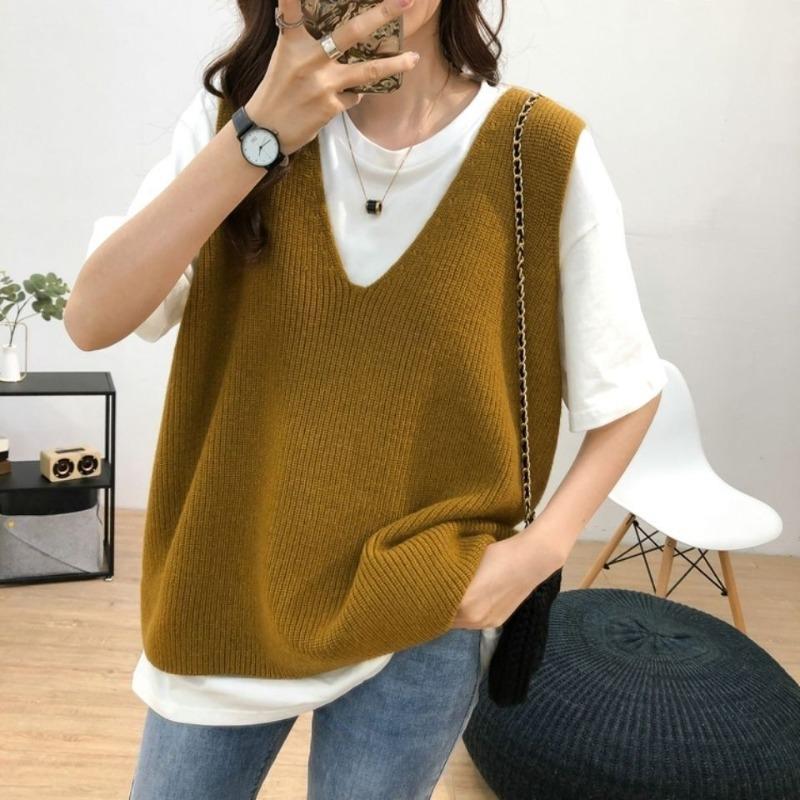 Retro Lazy Big V-neck Knitted Vest for Women In Spring Versatile Loose and Slimming Vest