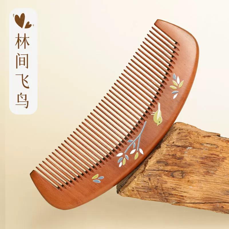 

Peach Wood Moon Comb with Butterfly Painted, Chinese Traditional Fine Tooth Wooden Comb, Portable Daily Use for Women All Hair Types