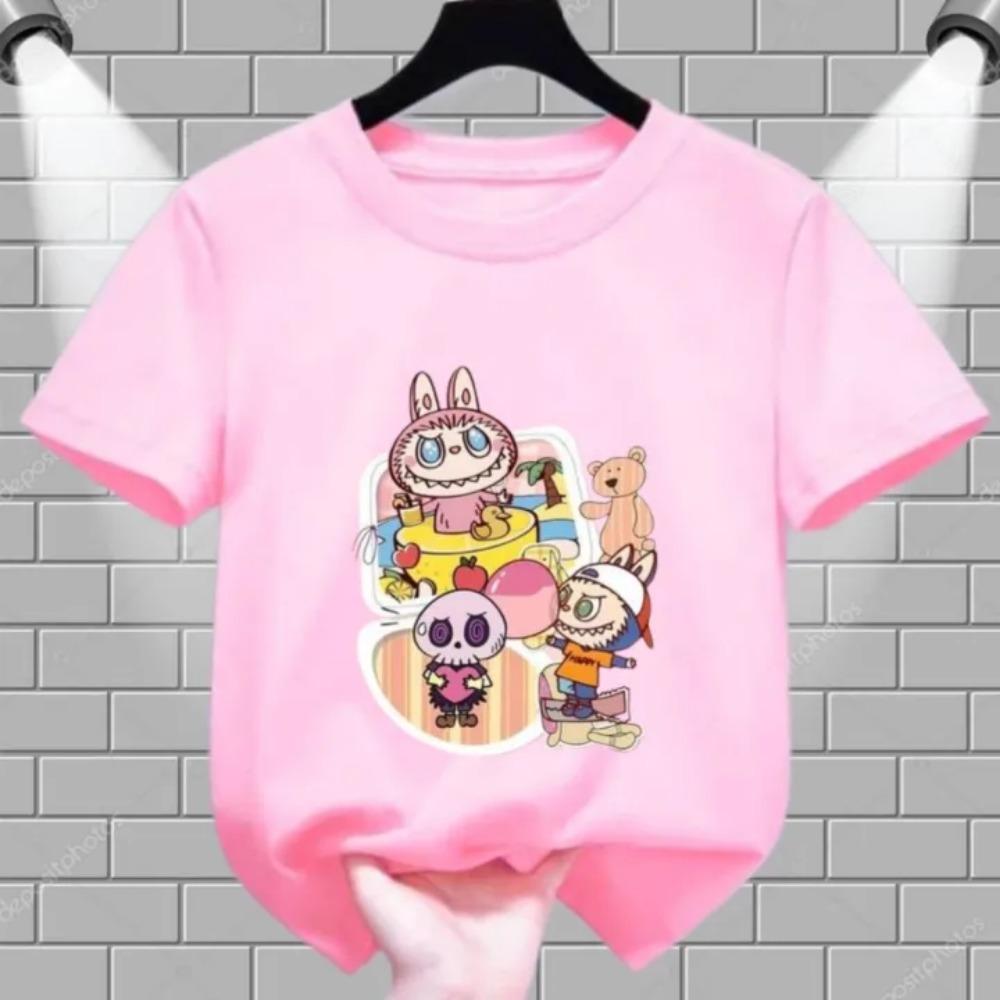 

Летняя популярная детская футболка одежда пляжный отпуск Labubu с принтом для девочек круглый вырез короткий рукав повседневный топ 100