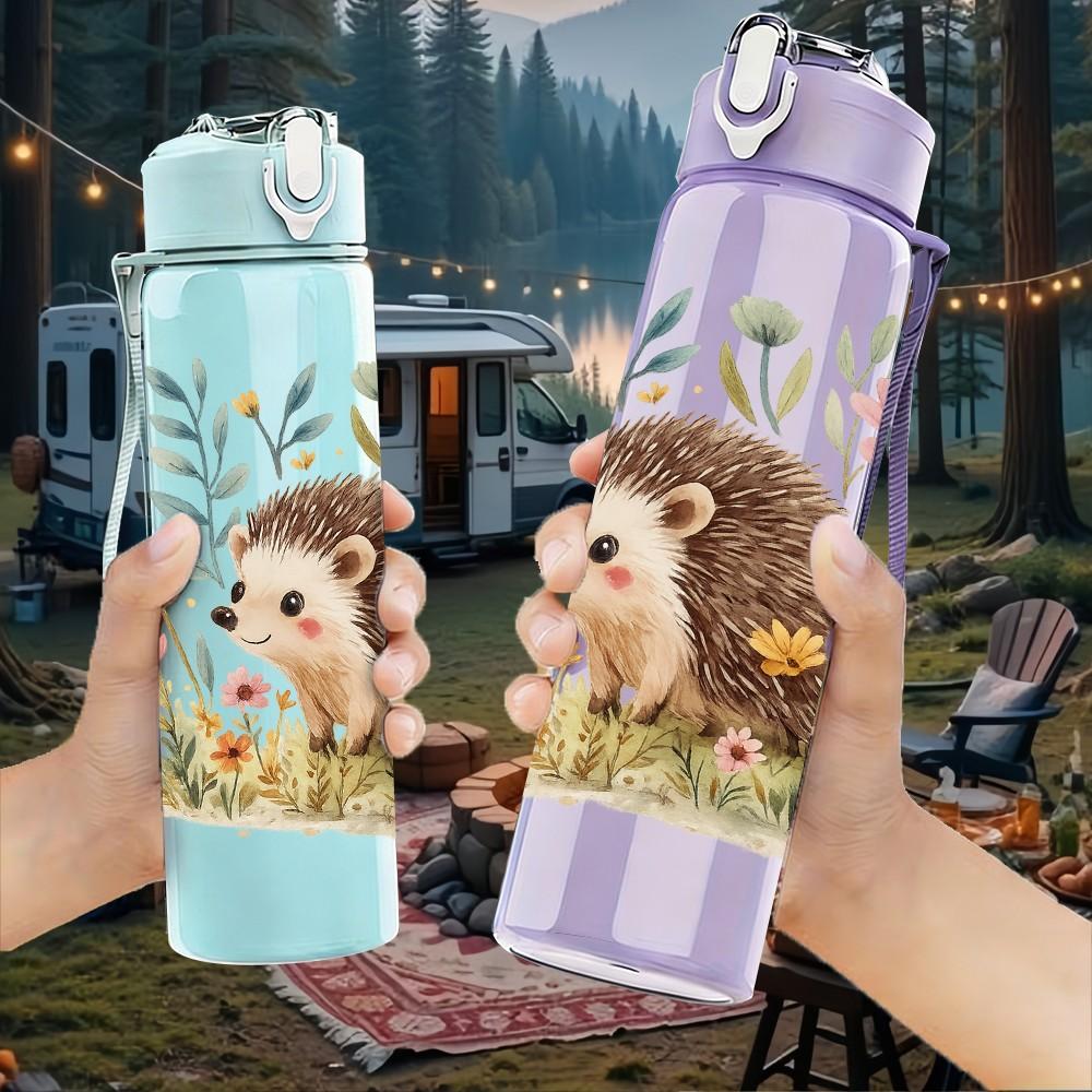 1PC Hedgehog Wildflower Floral Print 750ml Color Plastic Sports Water Bottle Leakproof Flip Straw Lid Suitable for Sports Office Home Use