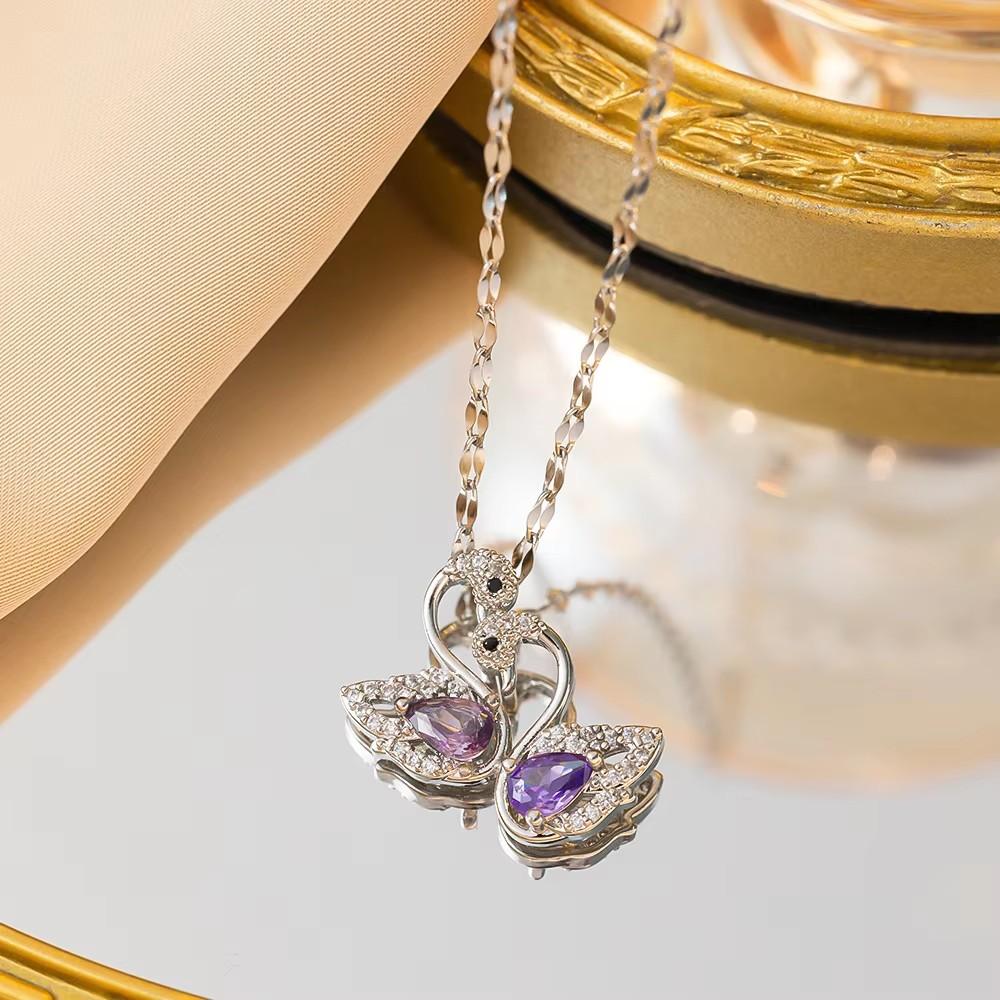 

Luxury Brand Purple Crystal Swan Pendant Necklace for Women Charm Fashion Stainless Steel Bride Collar Jewelry Gift Colorfast срібний