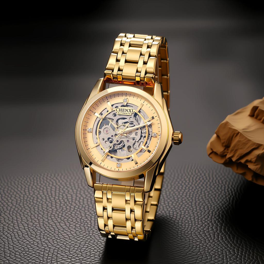 Men's Stainless Steel Round Open Heart Watch Stylish Accessory, Popular Fashion, Formal Business, Gift for Anniversary, Birthday - Gold