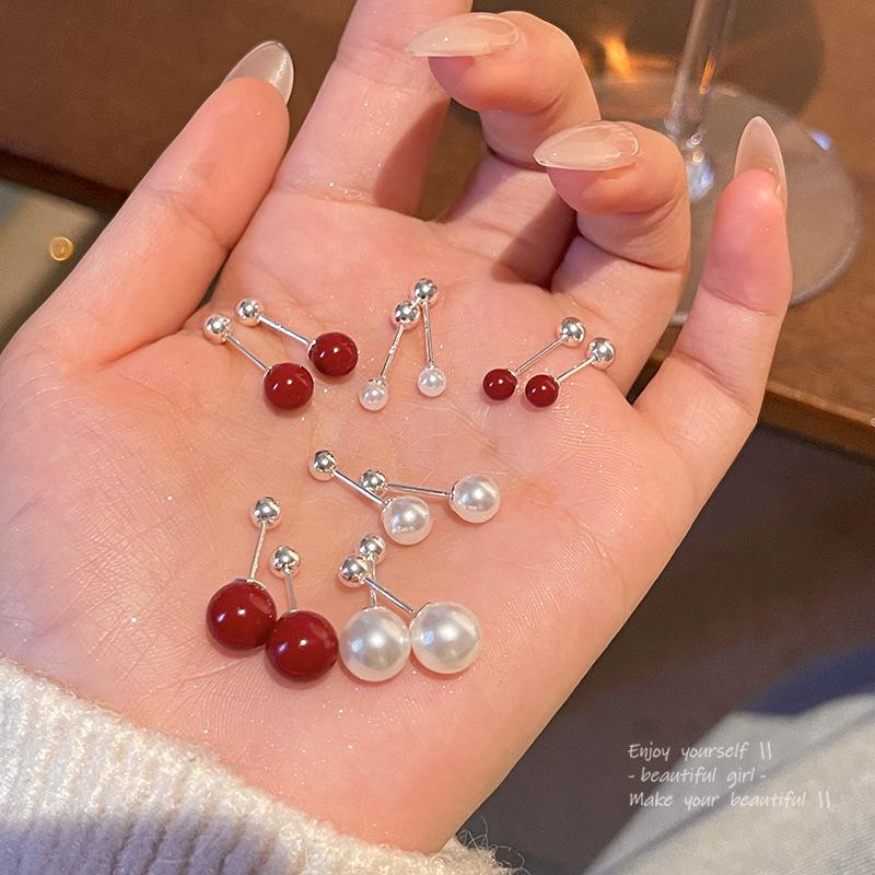 S925 Silver Needle Cinnabar Pearl Women's Cartilage Stud Earrings - Versatile Red High-End Design