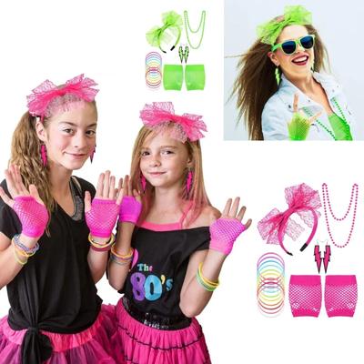 Retro LaceNeon Rose Headband  Headb  Lace Headb Earrings Fishnet Gloves Party Costumes Retro Accessories Disco Party Costumes