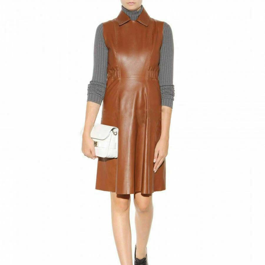 

Stylish Handmade Casual Formal Wear BROWN Genuine Lambskin Leather Women s Dress 3XL коричневый