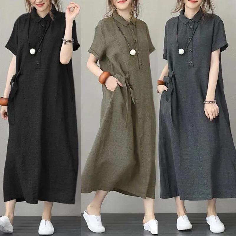 Women Dresses Solid-color Short-sleeved Lapel Loose Fashion Spring Autumn Long Dresses Women's Clothing Vestidoes