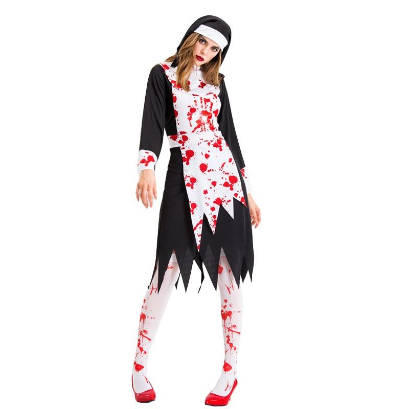 Halloween Black Vampire Zombie Costume, Nun Priest Zombie Character Uniform Stage Costume