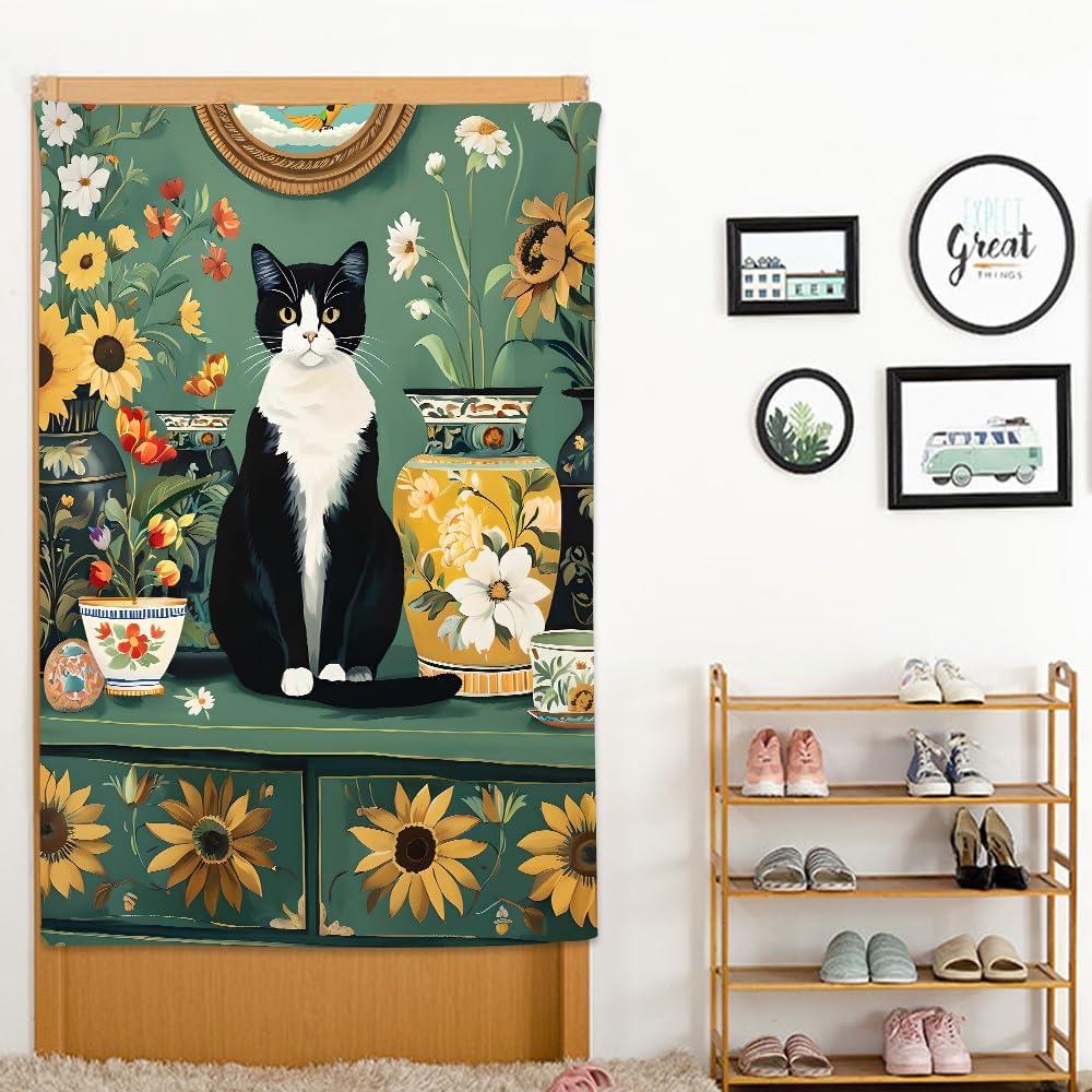 Cute Tapestry Cat Floral Sage Green Vase Girly Tapestry Aesthetic Wall Art Decor Black White Cat Flowers Plant Picture Vintage