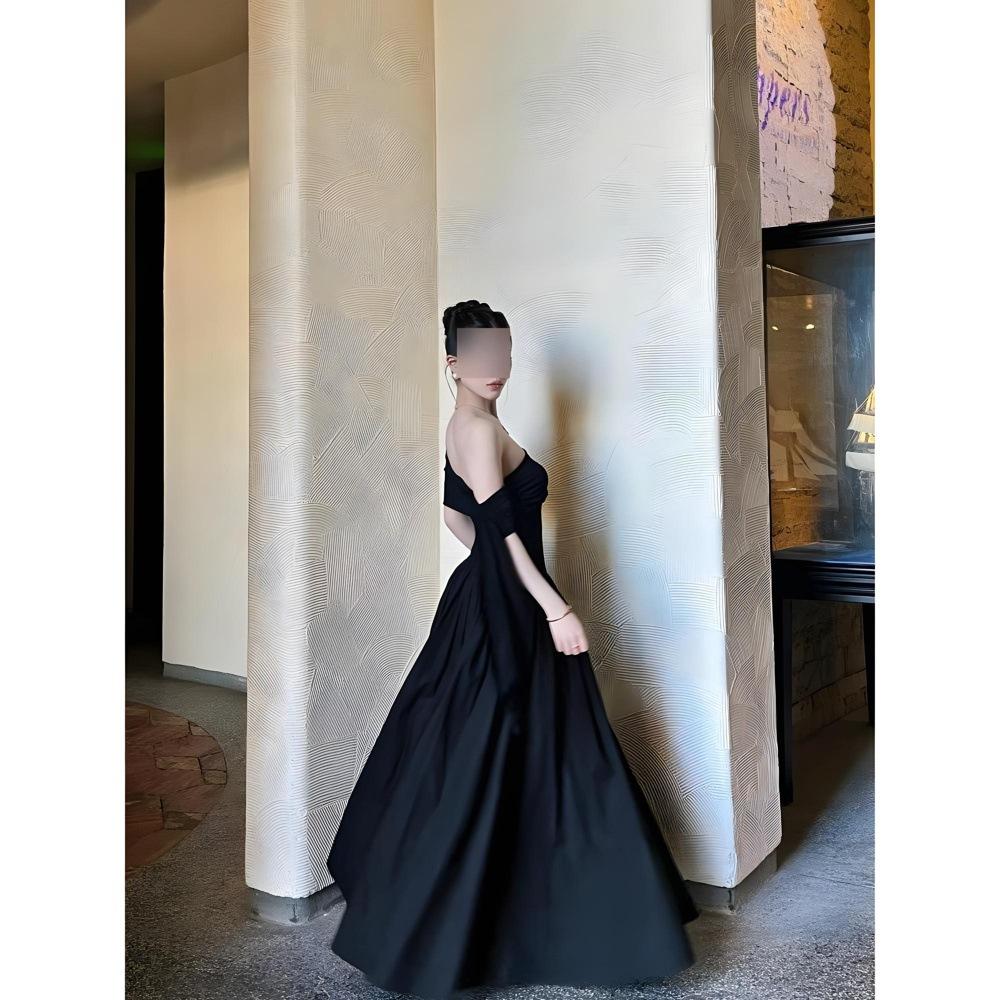 Black slanted shoulder streamer large skirt dress women's summer temperament waist pinching and thin shoulder dress