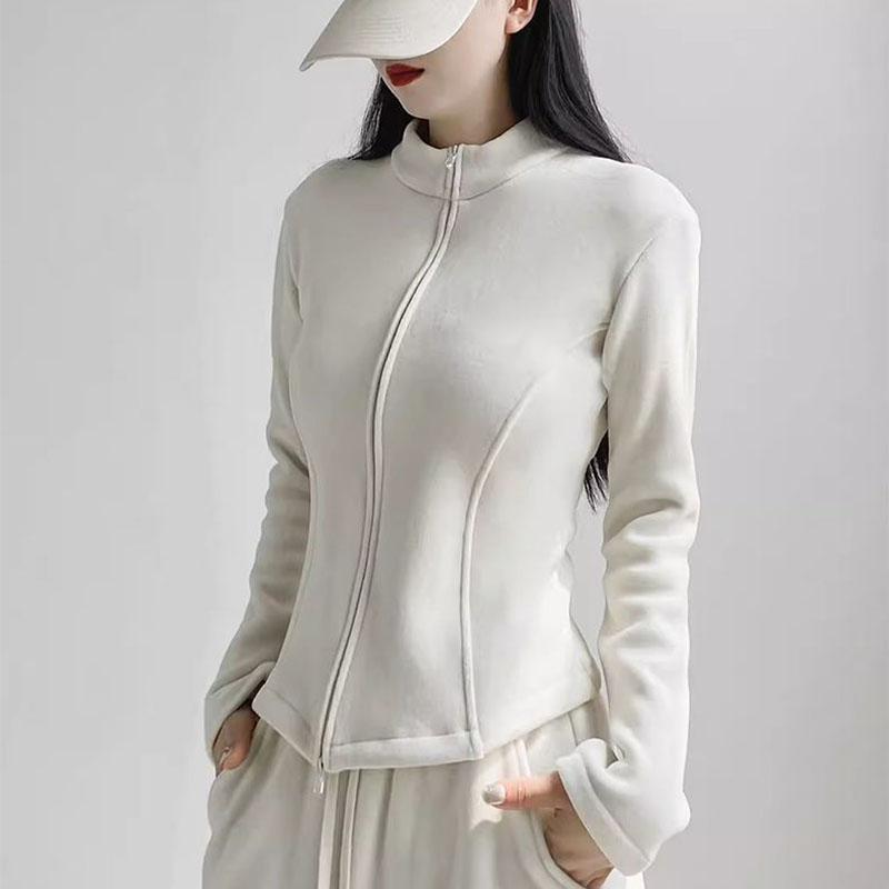 Women Stand Collar Fleece Jacket Lady Girls Zip-up Sport Style Yoga Jacket Solid Cardigan Jacket