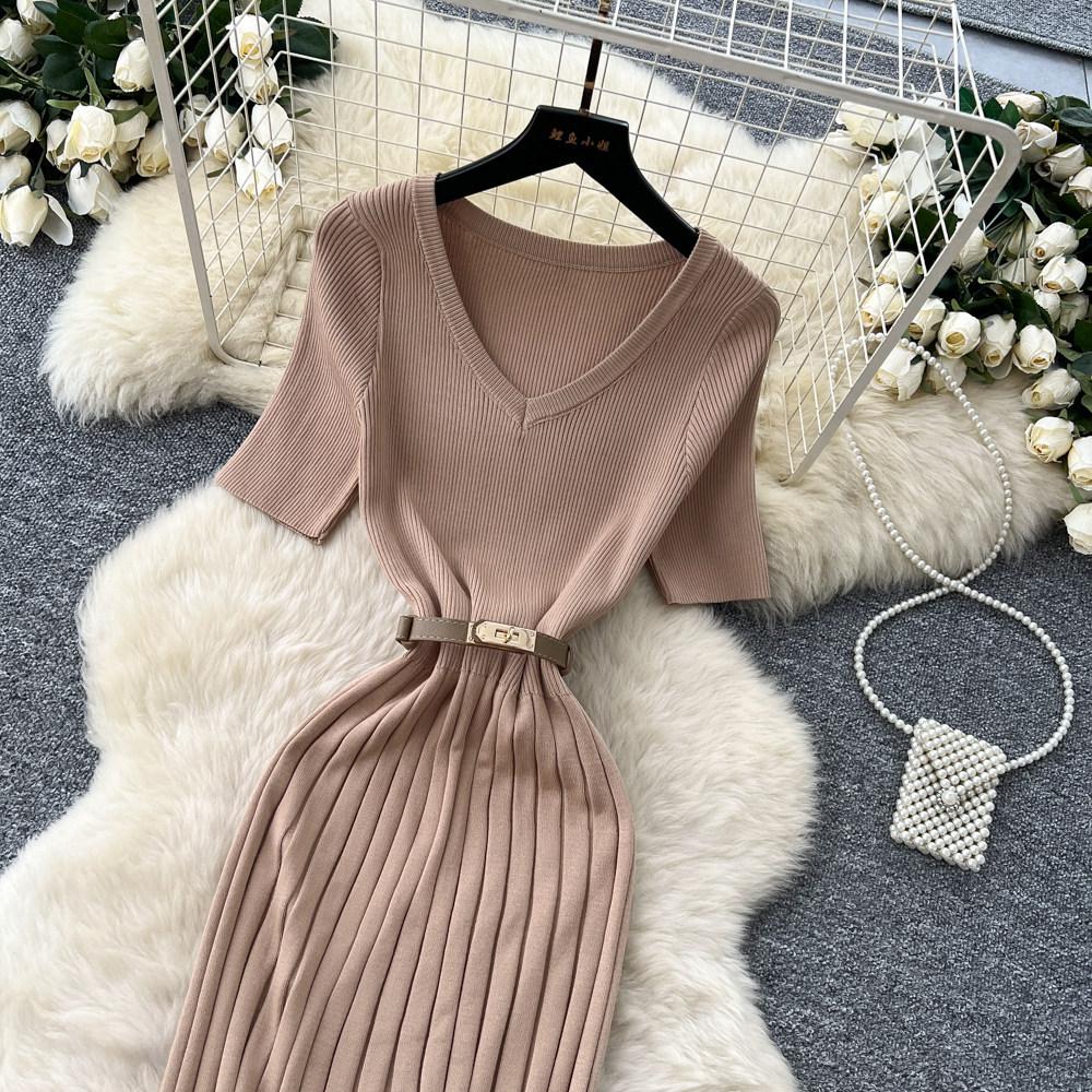 V-neck Knitted Dress Women's Summer Waist Slim-fitting Hip-wrapped Long Dress Commuter Elegant Temperament Skirt